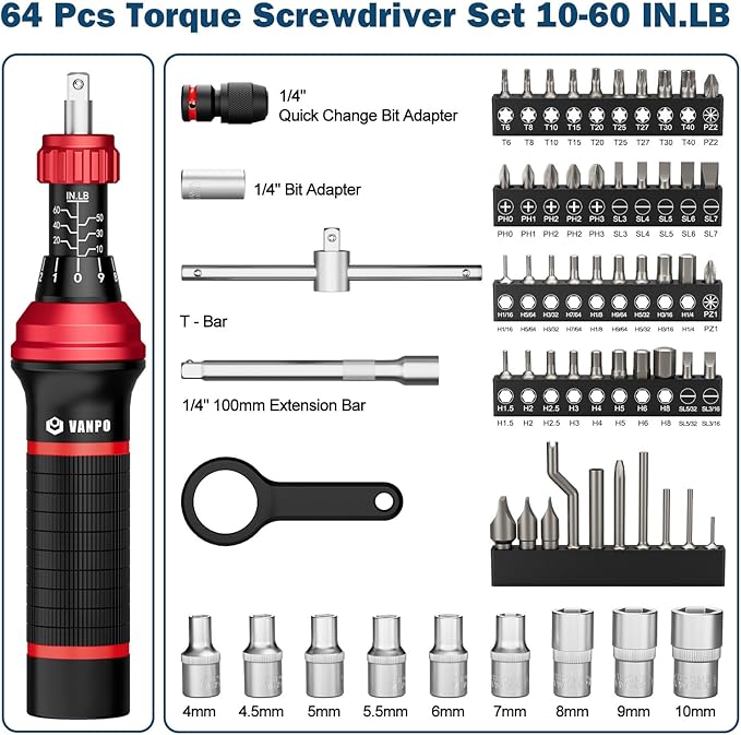 VANPO Torque Screwdriver Set, 10??0 in-lb, 64 Pcs 1/4" Drive Torque Wrench Screwdriver Kit with T-Bar & Flat, Hex, Torx, and S2 Bits for Scope, Electronics Assembly & Micro Device Repair