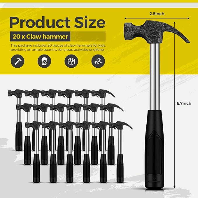 Gisafai 20 Pcs Small Claw Hammers Tools for Kids Solid Tubular Safety Hammer Bulk with Rubber Handle Alloy Steel Lightweight for DIY Woodworking Hanging Pictures Crafts