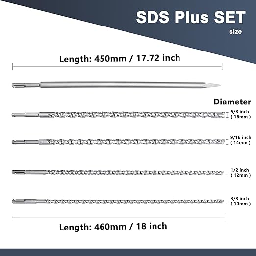 5PCS 3/8 to 5/8 inch (10-16mm) SDS Plus Rotary Hammer Drill Bits and Chisel Set, SDS Plus Masonry Drill Bits,Concrete Drill Bits Set, for Concrete, Brick, Cement，Masonry Work, 18 inch Length