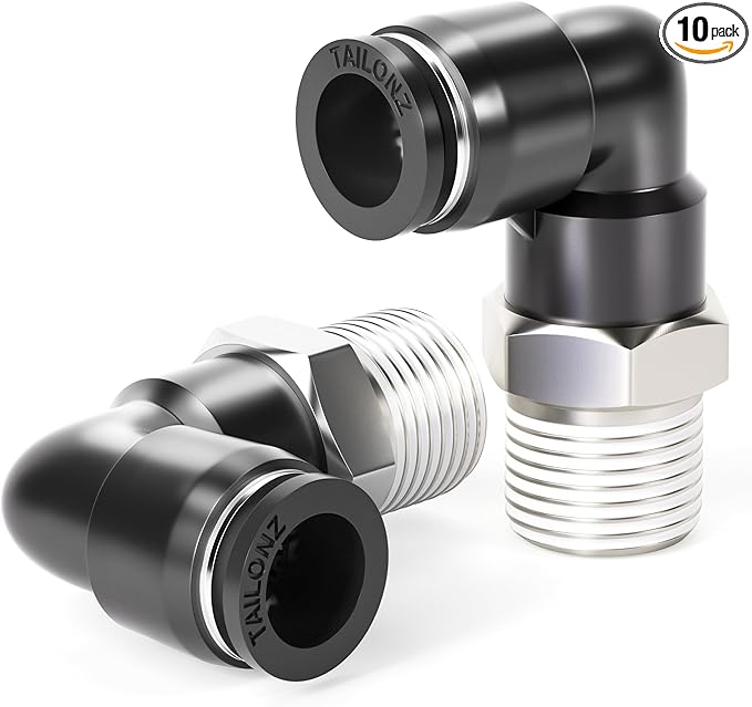 TAILONZ PNEUMATIC Male Elbow 10mm Tube OD x 1/4 Inch NPT Thread 90 Push to Connect Fittings PL10-N2 (Pack of 10)