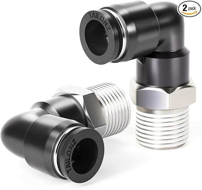 TAILONZ PNEUMATIC Male Elbow 1/4 Inch Tube OD x 1/4 Inch NPT Thread 90 Push to Connect Fittings PL-1/4-N2 (Pack of 2)