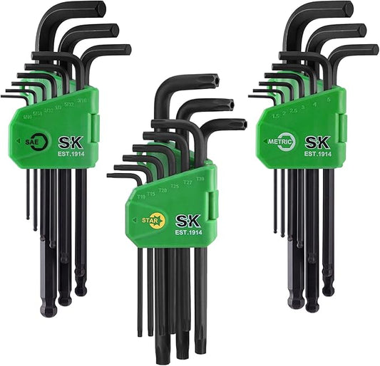 SK 27-Piece Allen Wrench Set, Metric/SAE/Star Hex Key Set, L-Shaped, S2 Steel, Black Phosphating Finish