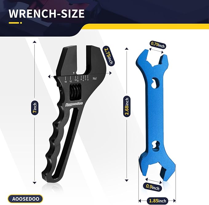 Adjustable AN Fittings Wrench For 3AN-16AN Hose Fitting Spanner Lightweight Aluminum Flat-ended Black With a 6AN Socket-AN8 B-nut Double Hose End Fitting Wrench Blue