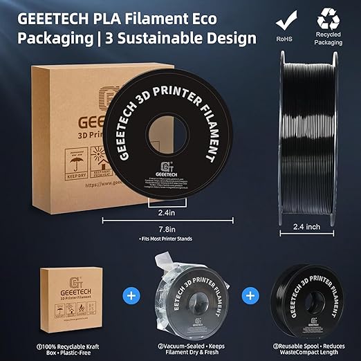Geeetech PLA Filament 1.75mm Black, 1kg (2.2lbs) Spool, Neatly Wound 3D Printer Filament, Tangle-Free, Dimensional Accuracy +/- 0.02mm, Fits Most FDM 3D Printers