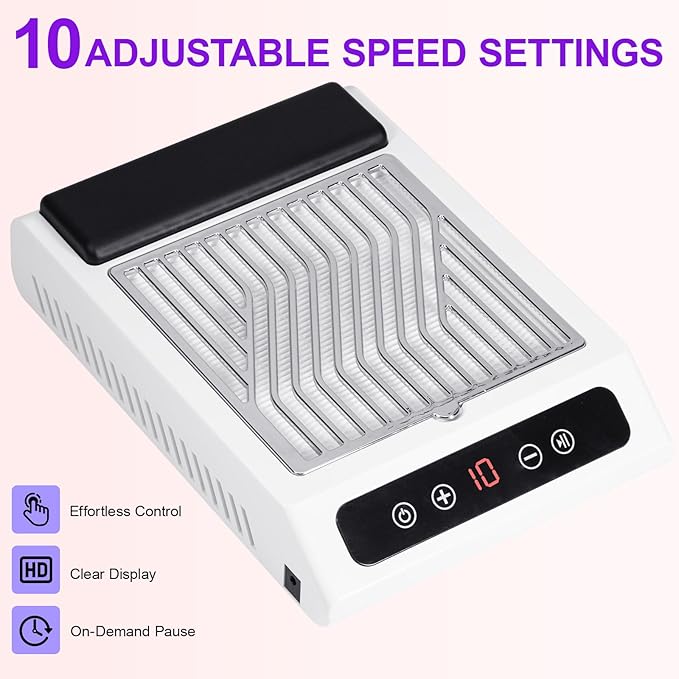 Nail Dust Collector for Nail Tech with Wrist Rest Design,3700RPM Powerful Nail Vacuum Fan,10 Speed Adjustable Dust Collector with Reusable Filter,Ideal for Gel Polish,Pedicures,Salon & Home Use