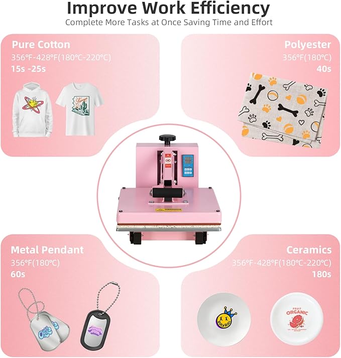 Heat Press 15x15 in, Manual Heat Press Machine for T Shirts, Swing Away T Shirt Pressing Machine for Garments Bag Textile Curtain Mousepad, with Slide-Out Base, Pink