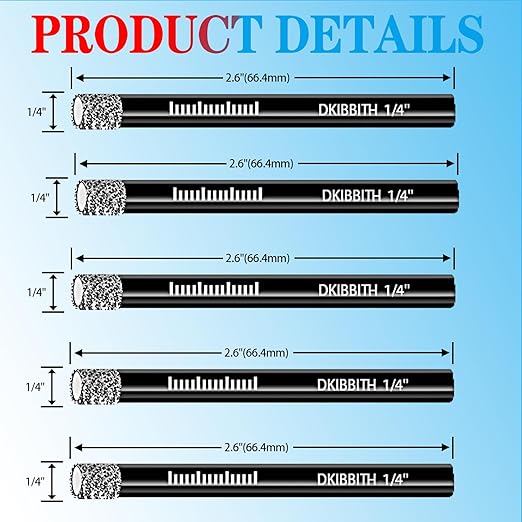 DKIBBITH 5 Packs 1/4" Diamond Drill Bits for Tile, Porcelain, Ceramic, Granite, Marble, Stone, Glass, Dry Drilling Tile Drill Btis with Storage Case and 1/4" Round Shank.