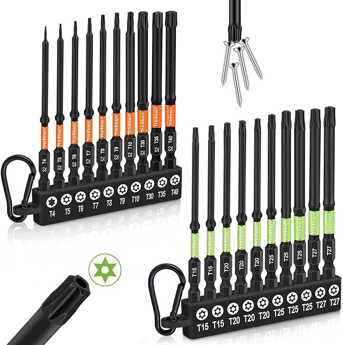 THINKLEARN Impact Torx Bit Set, 20 PCS 4" Security Tamper Proof Torx Screwdriver Bits, T4-T40 CNC Machined Magnetic Tips, S2 Steel Long Torque Star Bits With Storage Box