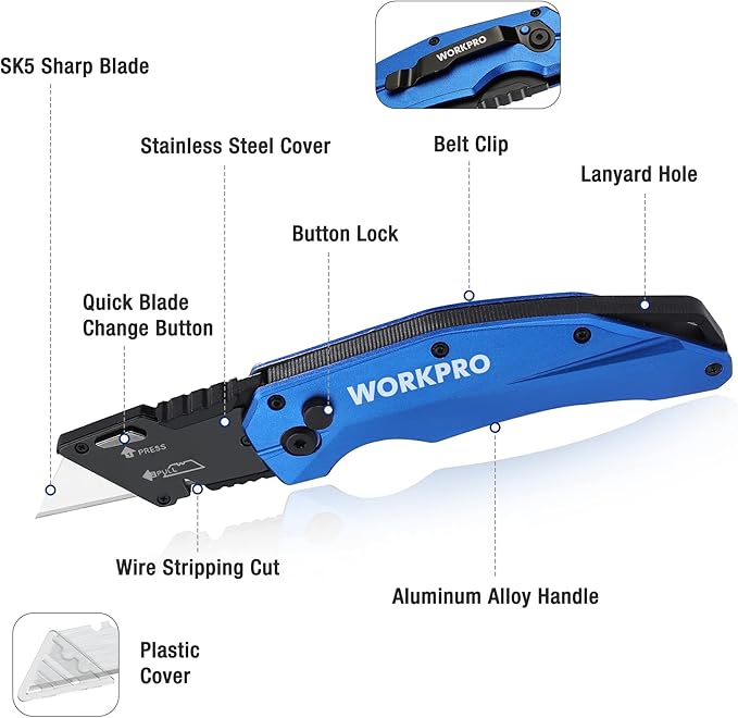 WORKPRO Folding Utility Knife, Heavy Duty Metal, Quick Open Botton Lock Box Cutter, Quick Change Blade Razor Knife, 1PC with 10 Extra SK5 Blades
