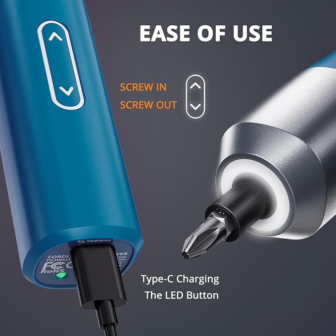 Tilswall Electric Screwdriver, 4V Cordless Screwdriver Rechargeable, Max 6N쨌m Power Screwdriver with 12pcs Bits, 1pc Extension, LED Work Lamp, USB-C Charging Cable, Meeting Daily Needs Effectively