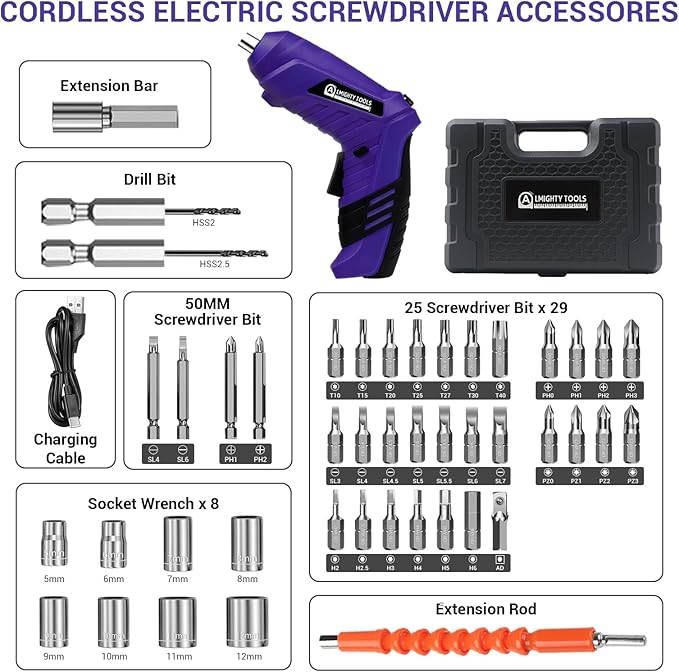 Electric Screwdriver Cordless, 3.6V Cordless Screwdriver Rechargeable, 47Pcs Small Power Screwdriver Set with Pivoting Handle and LED Light, 3Nm Battery Screw Gun for DIY Enthusiasts