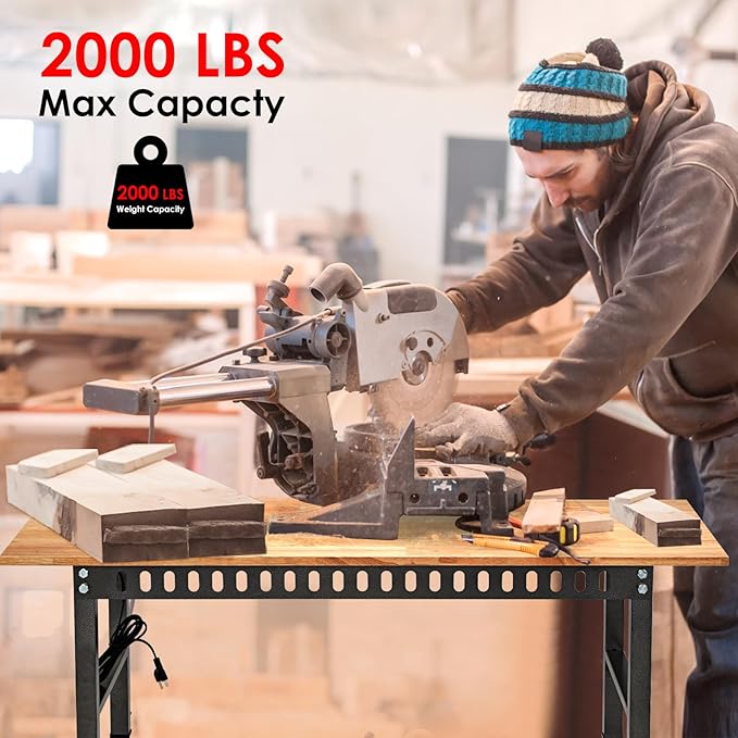 54.3 "Adjustable Workbench with Power Outlet, Heavy Duty 2000 LBS Load Capacity Hardwood Workbench Suitable for Workshop, Office, Garage, Home (Rubber Pad訝쭾ower Outlets 54.3"x21.6")