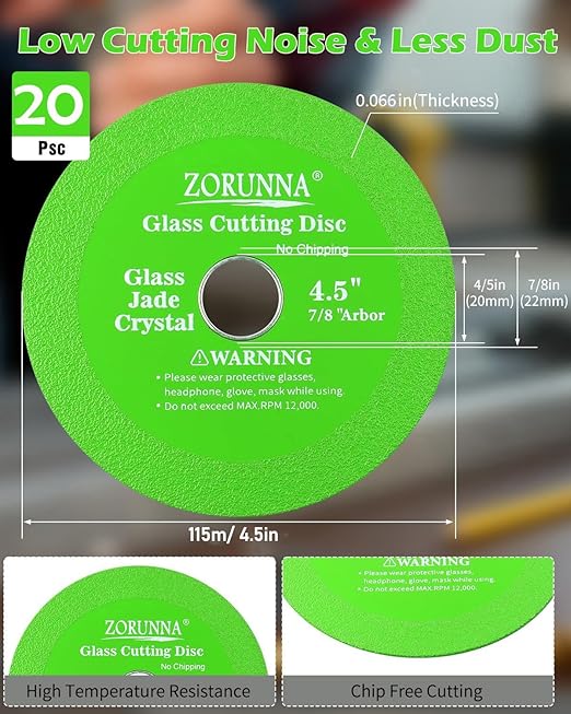 Glass Cutting Disc for 4-1/2" Angle Grinder, 20 Pack Glass Ceramic Diamond Cutting Blade Disc 7/8" for Grinding Jade, Crystal, Wine Bottles, Tile.