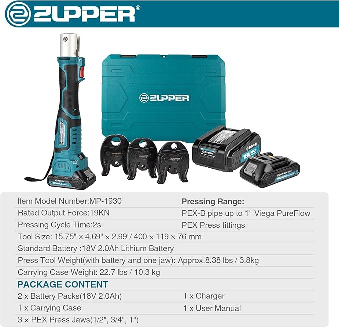 ZUPPER Mini Press Tool kit with 3 Jaws Suitable for PureFlow press fittings 1/2", 3/4", 1", Brushless Motor, 2pcs Battery, Fast Charger & Carrying Case