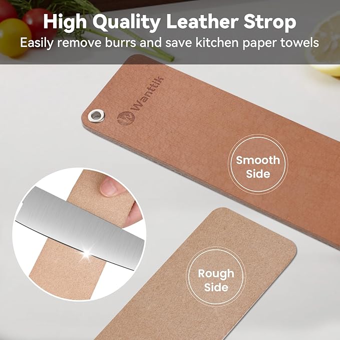 Knife Sharpening Stone, 3 Sides Grit 400/1000/5000, Whetstone Knife Sharpener with Non-Slip Base, Angle Guide & Leather Strop, for Kitchen Knives and Pocket Knives and More