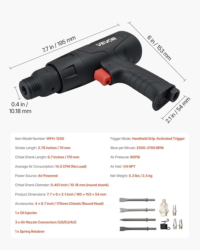 VEVOR Air Hammer, 2500-2700BPM Pneumatic Hammer with 2.76-inch Stroke & 4PCS 6.7" Long Barrel Chisels, Pistol-Grip Compact Air Chisel Pneumatic Shovel Tool for Cutting Scraping Demolishing