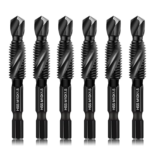 DKIBBITH 6 Packs M10 Combination Drill & Taps Bit Set, Screw Tapping Threading Tools in Size M10*1.5 with Anti-Rust Black Coating, 1/4" Hex Shank and Storage Case