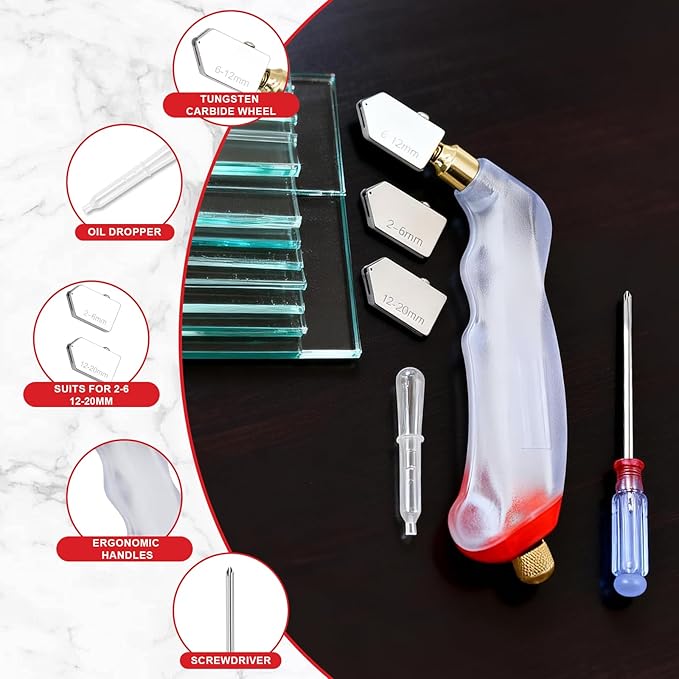 Alwalkee Glass Cutting Tool Kit, 12-Piece with Self-Oiling Cutter, 3 Interchangeable Heads for Stained Glass, Mosaic, Tile