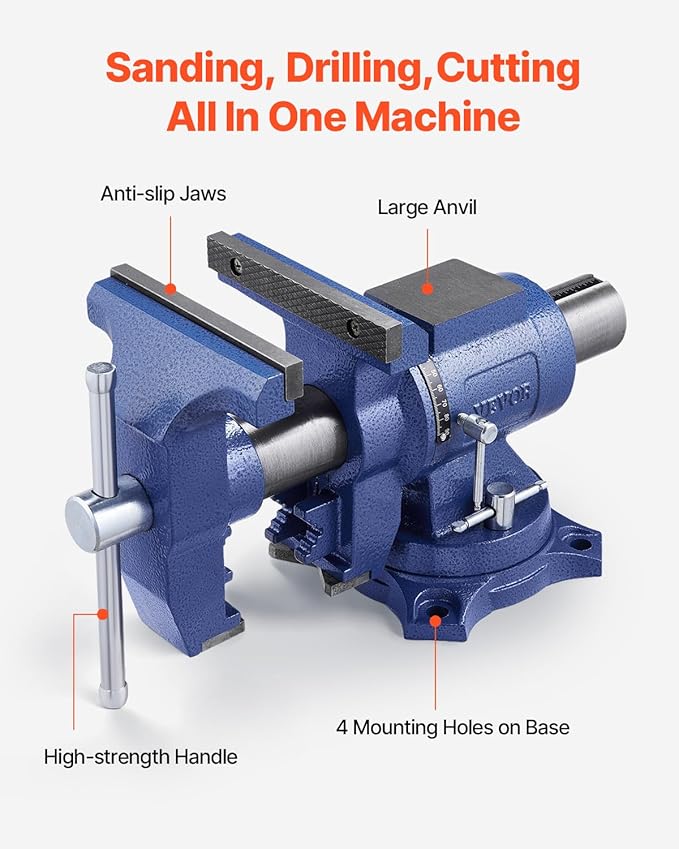 VEVOR Heavy Duty Bench Vise, 6-1/2" Jaw Width, 5" Max Jaw Opening Multi-Purpose Ductile Iron Bench Vise with Anvil, 360째 Swivel Base Head, 3" Throat, 5620 lbs Clamp Force, for Pipe Repairing
