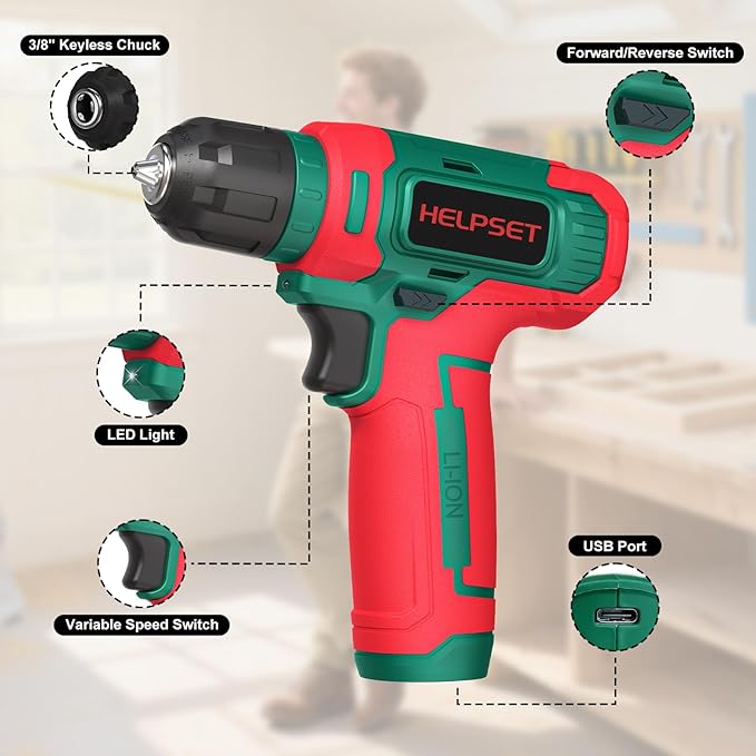 8V Cordless Drill Driver Set with 3/8" Keyless Chuck, 15pcs Bits, Type-C Charging, Built-in LED and Variable Speed for Drilling and Screwing, Toolbox(Christmas)