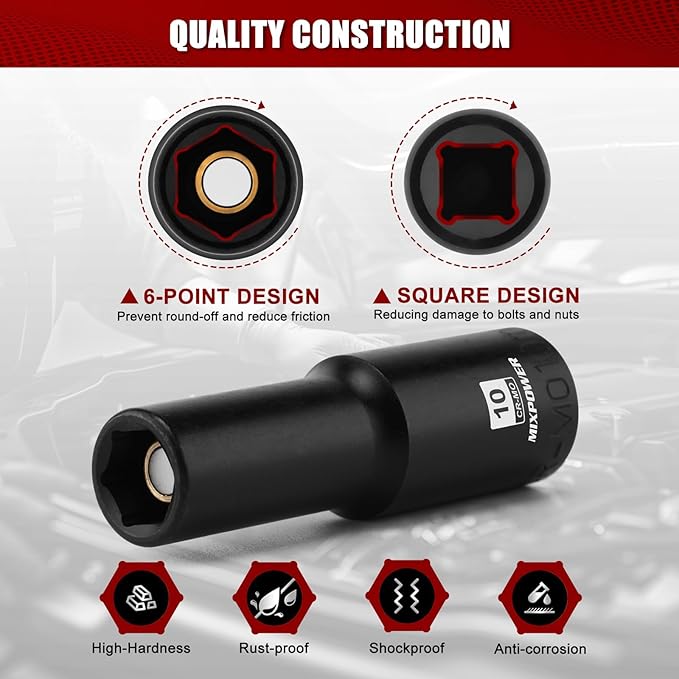 MIXPOWER 3/8" Drive Deep Magnetic Impact Socket, 6 Point, 10mm, Metric, CR-MO