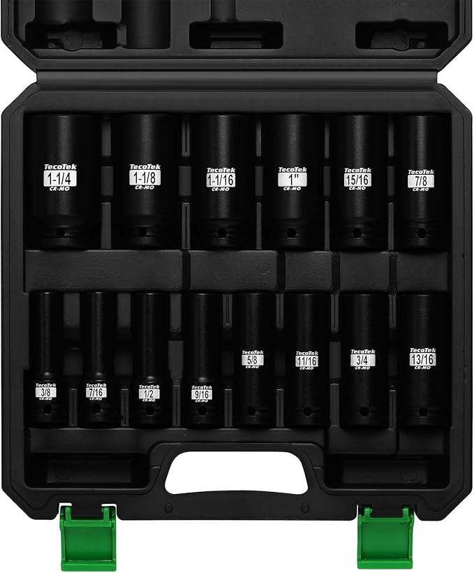 14PCS 1/2" Deep Drive Impact Socket Set, 6-Point, SAE (3/8" to 1-1/4"), CR-MO Steel, With a Storage Case