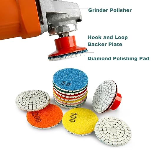 2inch 50mm Diamond Water Grinding Pad, 7 Different Grit 50#-3000# Wet Sanding Discs & M10 Thread Hook & Loop Backing Holder for Detail Fine Buffing Polishing (8Pcs/Set)