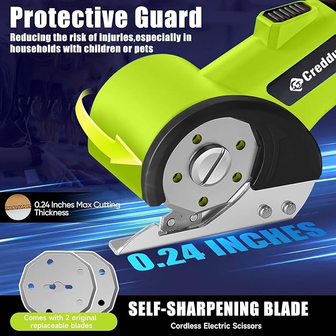 Cordless Electric Scissors竊똂ardboard Cutter Heavy Duty Scissor with 3 Blade, Safety Lock & Extra Blade竊똓otary Cutter for Cardboard Fabric Plastic Leather Green