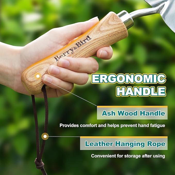 Berry&Bird Potting Trowel, Stainless Steel Serrated Hand Shovel, Wood Handle Garden Trowel Tool with Measuring Scale for Effortless Digging,Roots竊똏lanting, Cutting and Transplanting