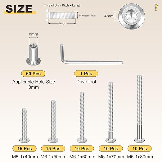 METALLIXITY Furniture Crib Screws Replacement Set with Wrench(M6-1x40/50/60/70/80mm) 120Pcs, Connector Bolts M6 Screw Barrel Nuts Binding Screws, for Chair Cabinet Bed, Silver