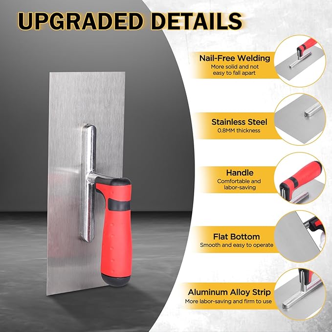 3 Pcs Masonry Tool Set, 6" Pointing Trowel & 11"x4" Carbon Steel Flat Finishing Trowel with Soft Grip Handles Concrete Drywall Tile and Plastering Tools for Contractors DIY