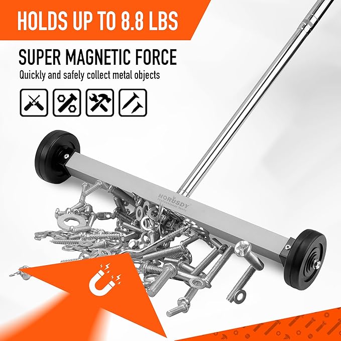 HORUSDY 17-Inch Rolling Magnetic Sweeper with Wheels | Adjustable Handle | 8.8-Pound Capacity Heavy-Duty Magnet to Pick Up Nails