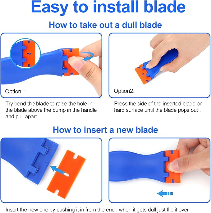 4 Pcs Plastic Razor Blade Scraper and 100 Pcs Blades, Remove Label Decal Tool竊?Forwithout Scratches Plastic Razor Blade Scraper, Adhesive Remover for Stickers, Gaskets and Paints on Window Car Glass