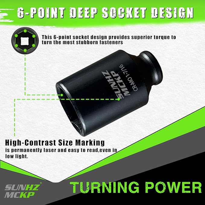 SUNHZMCKP 1/2 Impact Socket, SAE 1-7/16 In Deep 6 Point Socket, CR-MO, Axle Nut Impact Grade Socket for Easy Removal (SAE 1-7/16)