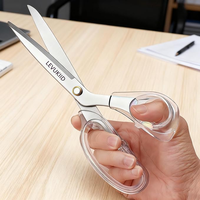 scissors all purpose, 9 Inch Titanium Coated Blades and Ergonomic Scissor all purpose, Clear scissors for Office Desk, Modern Design for Craft, Sewing, fabric,Office/Silver
