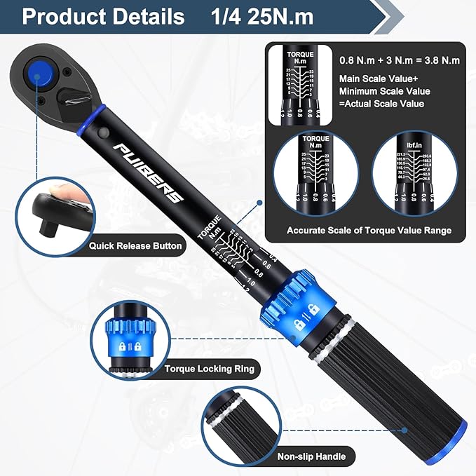 1/4 Inch Pound Torque Wrench, Bike Torque Wrench 1/4 3-25 NM/22.6-221.3 IN.LB竊똃ual-Direction Adjustable 72 Tooth Drive Small Newton Meter Wrenches for Bike, Motorcycle and Car Repair