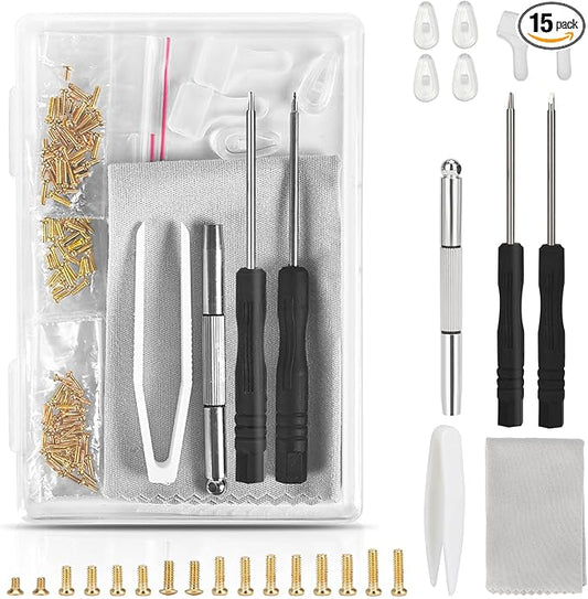 Gold Eyeglass Repair Tool Kit Eye Glass Repair Kit Eye Glasses Repairing Screwdriver Set with Eyeglass Screws, Nose Pads, Small Screwdriver, Tweezers for Glasses Sunglasses Watch Clock Repair