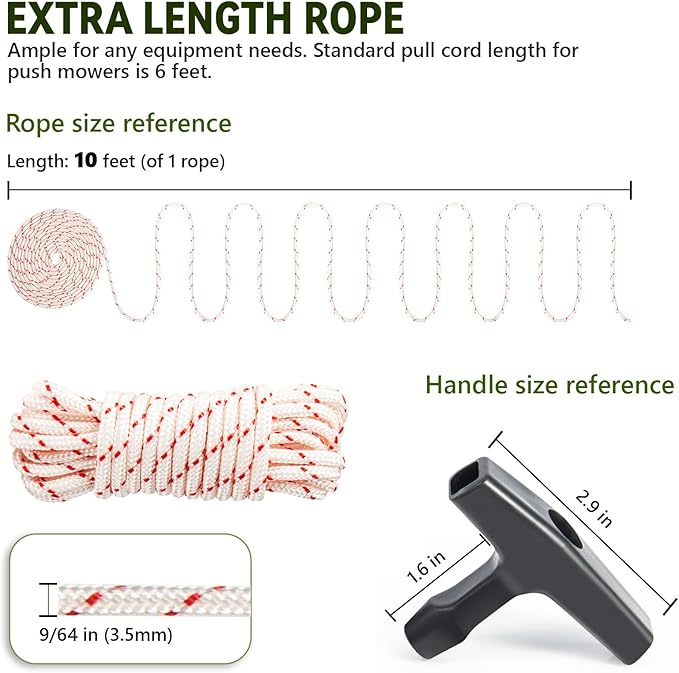 3 Pack, 10 ft x 9/64" (3.5mm) Pull Cord Rope with Handle, Premium Starter Rope with High Tensile Strength, Universal Pull Cord Replacement for Lawn Mower, Generator, Chainsaw, and Small Engine