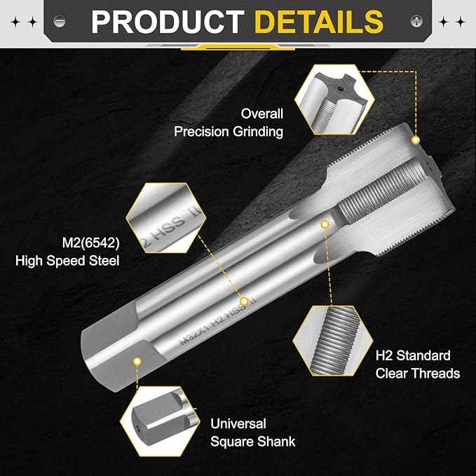 uxcell Hand Plug Tap M32 x 1 H2 Metric Thread Plug Style Taps Straight Flute Screw Tapping Threading Tool High Speed Steel HSS6542