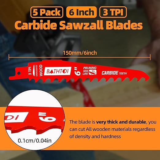 5 Pack 6 Inch 3 Tpi Carbide Reciprocating Saw Blades for Wood Cutting and Tree Trimming, Pruning Sawzall Blades with Carbide Tipped Teeth for Longer Life and Faster Cutting Speed