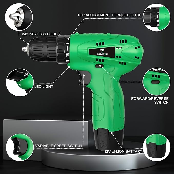 Tegatok Cordless Drill Set,12V Power Drill Set with Battery and Charger, Electric Driver Drills Bits, 3/8'' Keyless Chuck,18+1 Torque Setting with LED Electric Drills Set