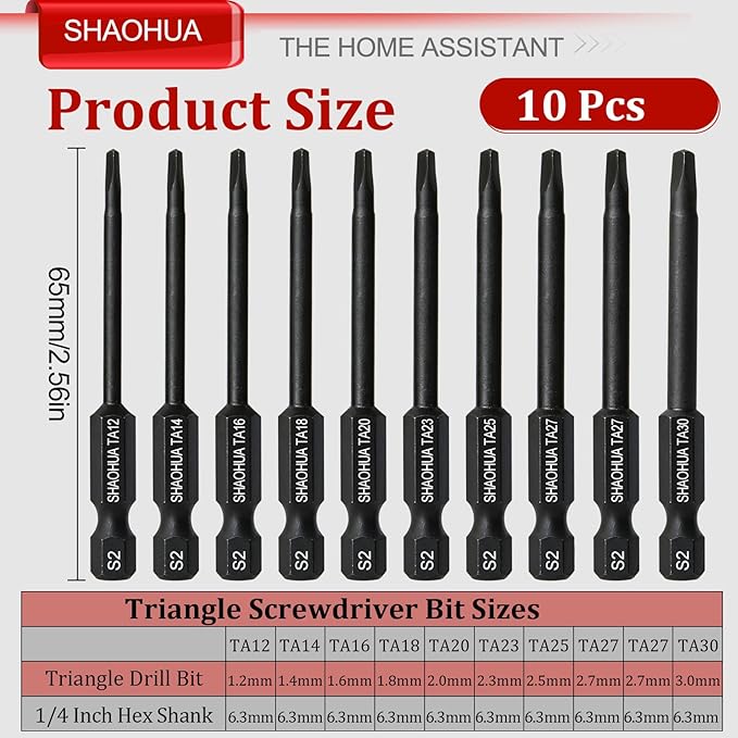 10PCS Triangle Screwdriver Set, 2.5Inch Long Triangle Screwdriver, Magnetic Screwdriver Bit Set, S2 Steel Screwdriver Drill Bit Set,1/4 Hex-Shank Drill Bit Set, Sizes TA12/14/16/18/20/23/25/27 (x2)/30