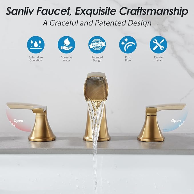 Brushed Gold Waterfall Bathroom Faucet, Sanliv 3-Piece Widespread Bathroom Sink Faucets, 2-Handle Vanity Faucet for 3-Hole Sinks 4-8 Inch with Pop-Up Drain, Brushed Gold