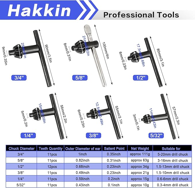 Hakkin Drill Chuck Key 6 Sizes Drill Chuck Key Wrench, 3/4" 5/8" 1/2" 3/8" 1/4" 5/32" Carbon Steel Heavy Duty Replacement Drill Press Chuck Key, Electric Drill Clamping Tool
