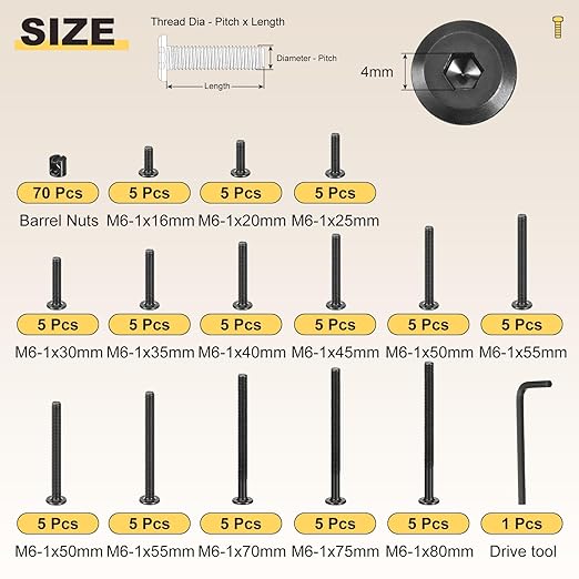 METALLIXITY Furniture Crib Screws Replacement Set with Wrench(M6-1x16/20/25/30/35/40/45/50/55/60/65/70/75/80mm) 140Pcs, Galvanization Barrel Nuts Binding Screws, for Chair Cabinet Bed, Black