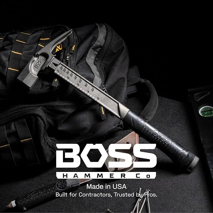 Boss Hammer 16 oz. Pro Series Titanium Hammer with Over-Molded No-Slip Rubber Grip - Construction Grade, Dual Side Nail Pullers, Milled Face - Made in the USA - BH16TIM