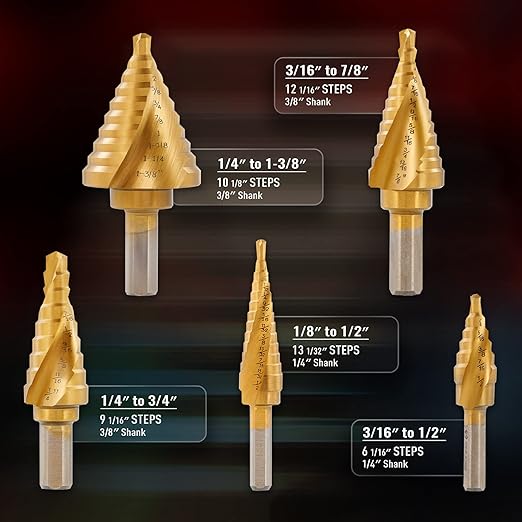 ZELCAN Step Bits for Metal, Step Drill Bit Set 5PCS Titanium, Spiral Grooved with Automatic Center Punch, Step Drill Bit for Metal with Aluminum Case, Multiple Hole Step Bit for DIY Lovers