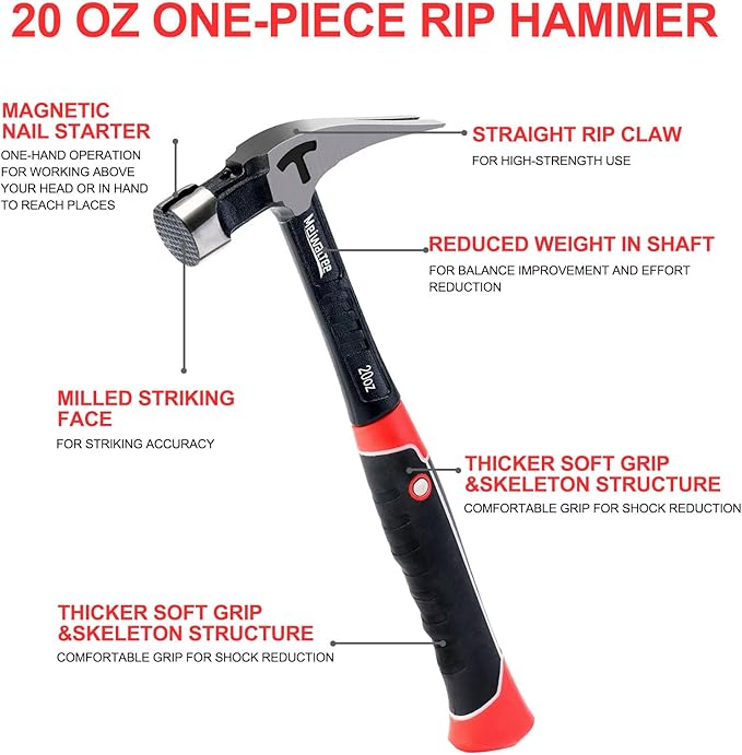 Meiwaltee 20 oz Heavy Duty One-piece Forged Hammer, Straight Claw Hammer with Magnetic Nail Holder, Rip Claw Hammer with Milled Face & Shock-Absorbing Reduction Grip