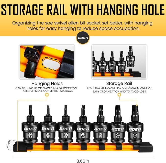 boen 3/8" Drive Universal Torx Bit Socket Set, 7-Piece SAE Impact Swivel Star Bit Sockets, 360째 Rotation Flexible Wobble Torx Bit Driver Socket Set, With Storage Rail, CR-MO Steel