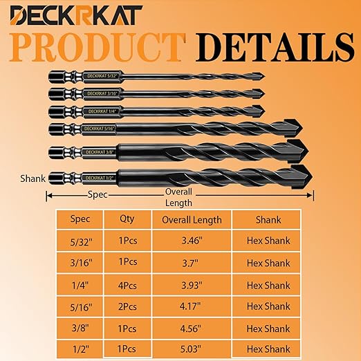 DECKRKAT 10-Piece Black Masonry Drill Bit Set for Concrete, Brick, Tile - Carbide Tipped, Quick Change 1/4" Hex Shank (5/32" x1, 3/16" x1, 1/4" x4, 5/16" x2, 3/8" x1, 1/2" x1) w/Storage Case